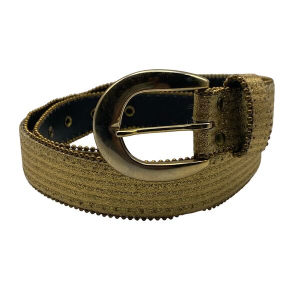 Vintage Elite Gold Metallic Belt Disco Beaded Edge 70s 80s Statement Small - Picture 1 of 5